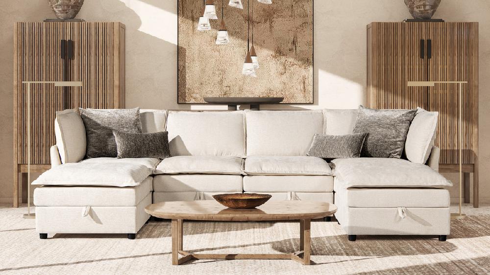 Jennifer Taylor Home Sadie 124" Modular U-Shaped Sectional Sofa-in-a-Box With Storage Sandstone Light Beige