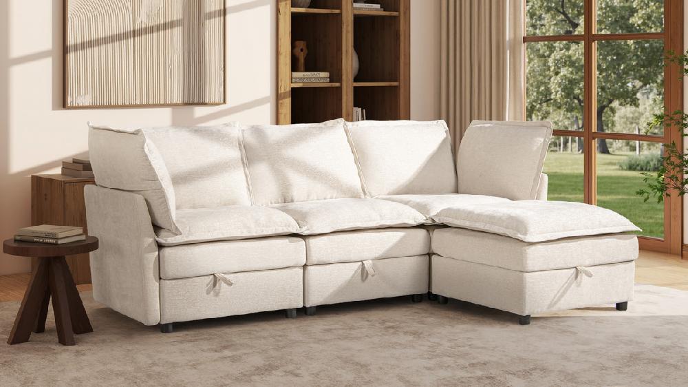 Jennifer Taylor Home Sadie 95" Reversible Chaise Modular Sectional Sofa-in-a-Box With Storage Sandstone Light Beige