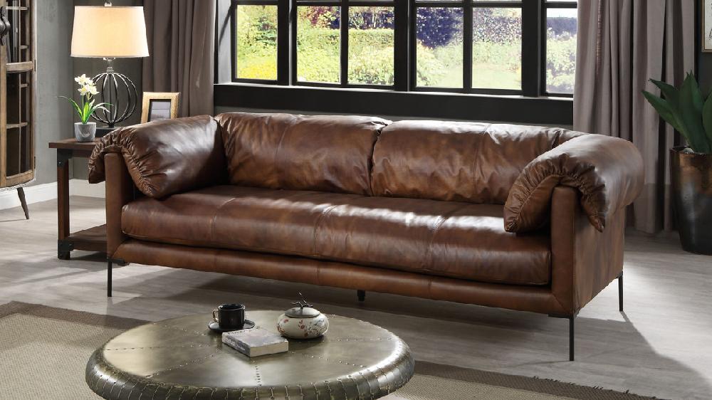 Jennifer Taylor Home Santino 96" Top-Grain Leather Sofa With Pillow Arms And Metal Legs