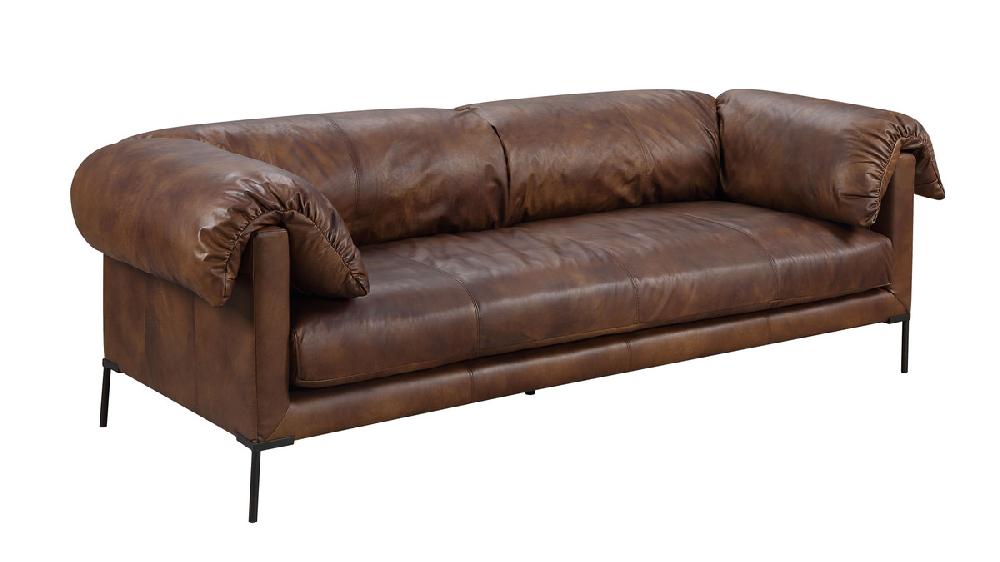 Jennifer Taylor Home Santino 96" Top-Grain Leather Sofa With Pillow Arms And Metal Legs