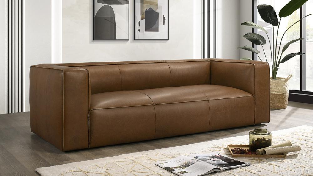 Jennifer Taylor Home Sedona 92.5" Mid-Century Modern Low-Profile Sofa In Genuine Leather Saddle Tan