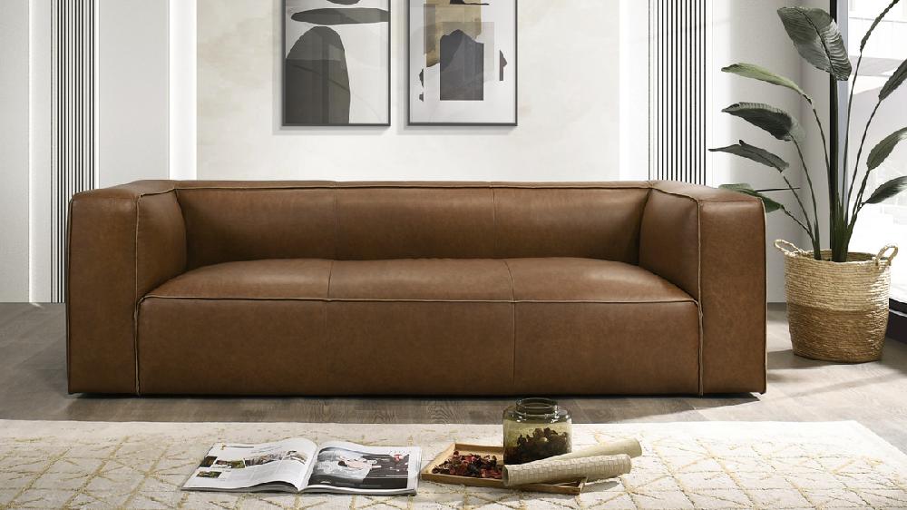 Jennifer Taylor Home Sedona 92.5" Mid-Century Modern Low-Profile Sofa In Genuine Leather Saddle Tan