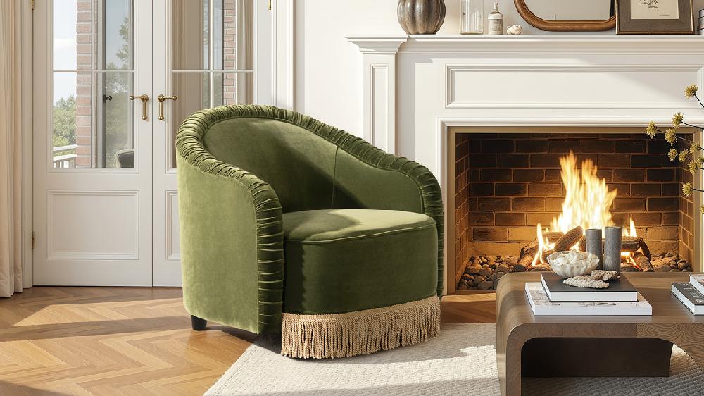 Jennifer Taylor Home Serena 31.5" Ruched Barrel Back Accent Arm Chair With Bullion Fringe Olive Green