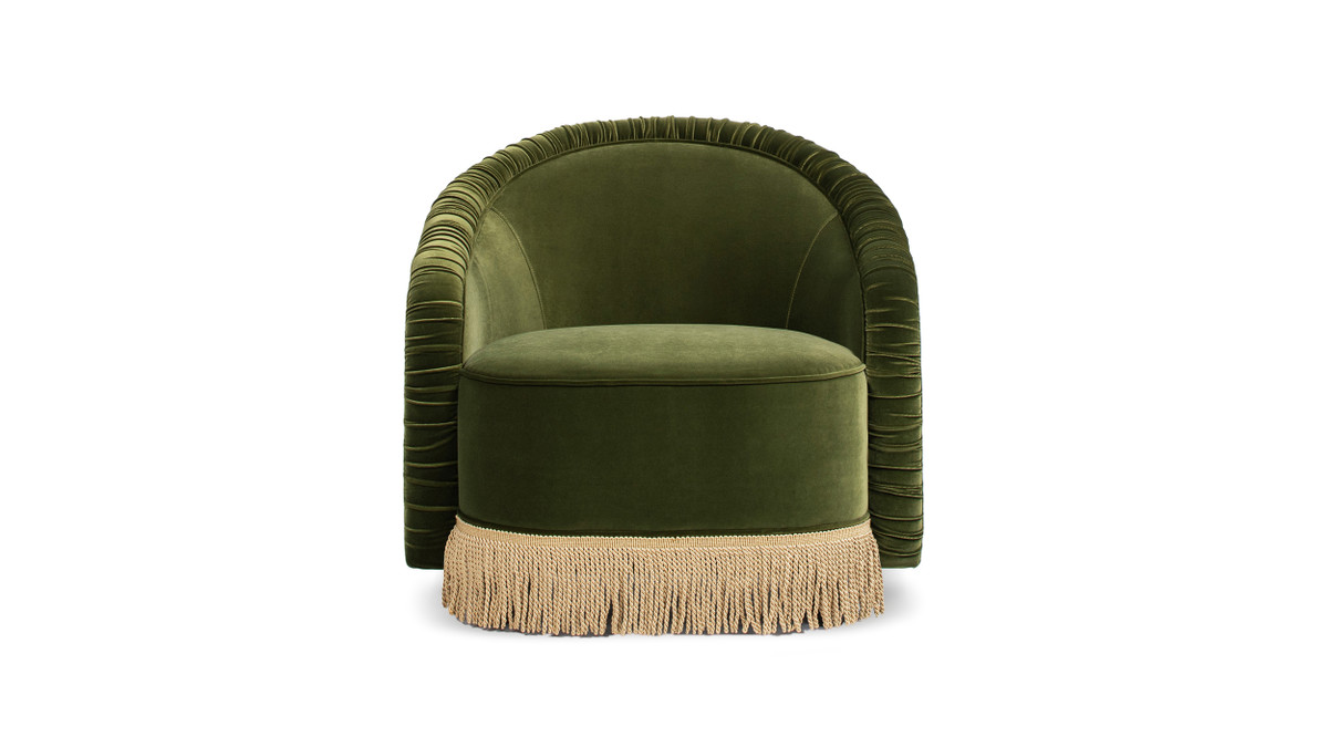 Jennifer Taylor Home Serena 31.5" Ruched Barrel Back Accent Arm Chair With Bullion Fringe Olive Green