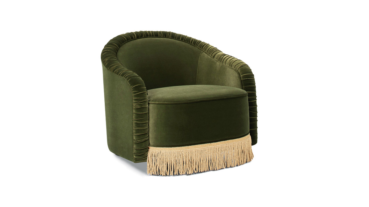 Jennifer Taylor Home Serena 31.5" Ruched Barrel Back Accent Arm Chair With Bullion Fringe Olive Green