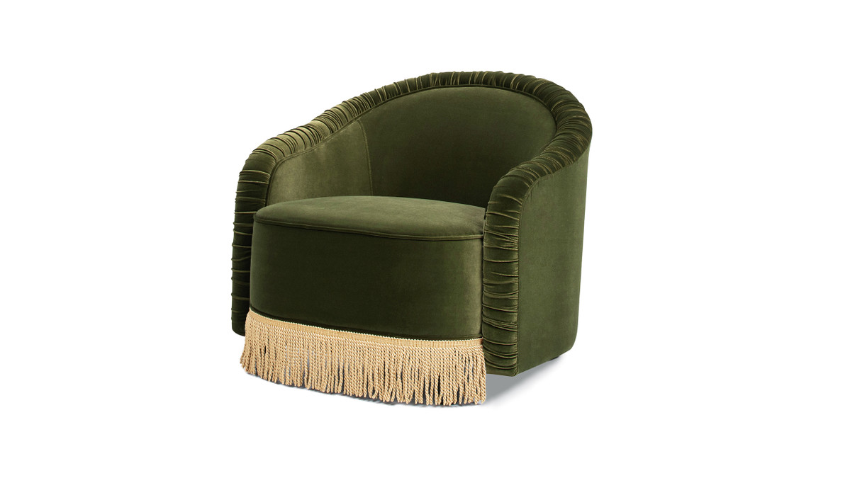 jennifer taylor home Serena 31.5" Ruched Barrel Back Accent Arm Chair with Bullion Fringe Olive Green