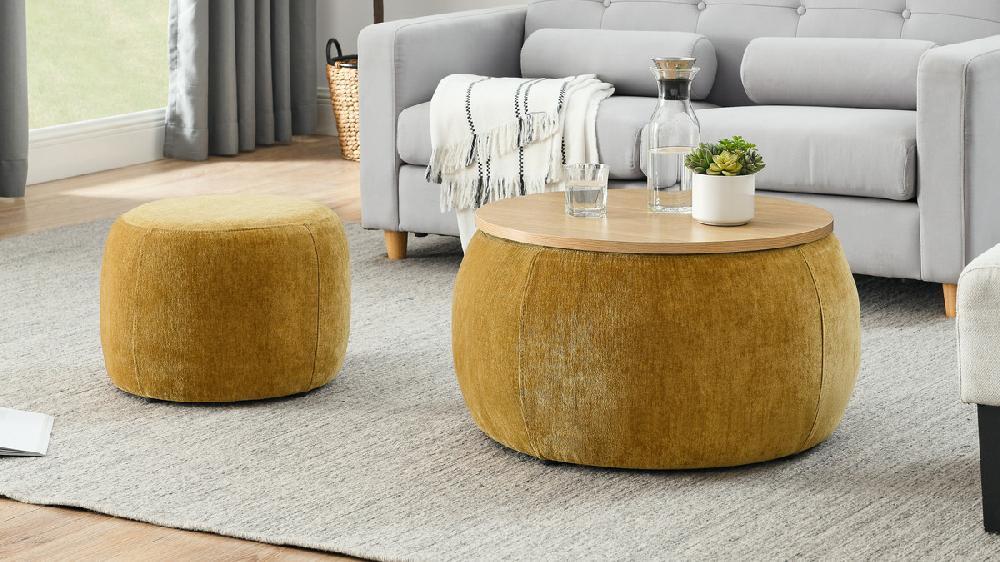 Jennifer Taylor Home Solenne 25" 2-Piece Round Storage Ottoman Set With Stool And Wood Tray Top Chenille Dark Yellow