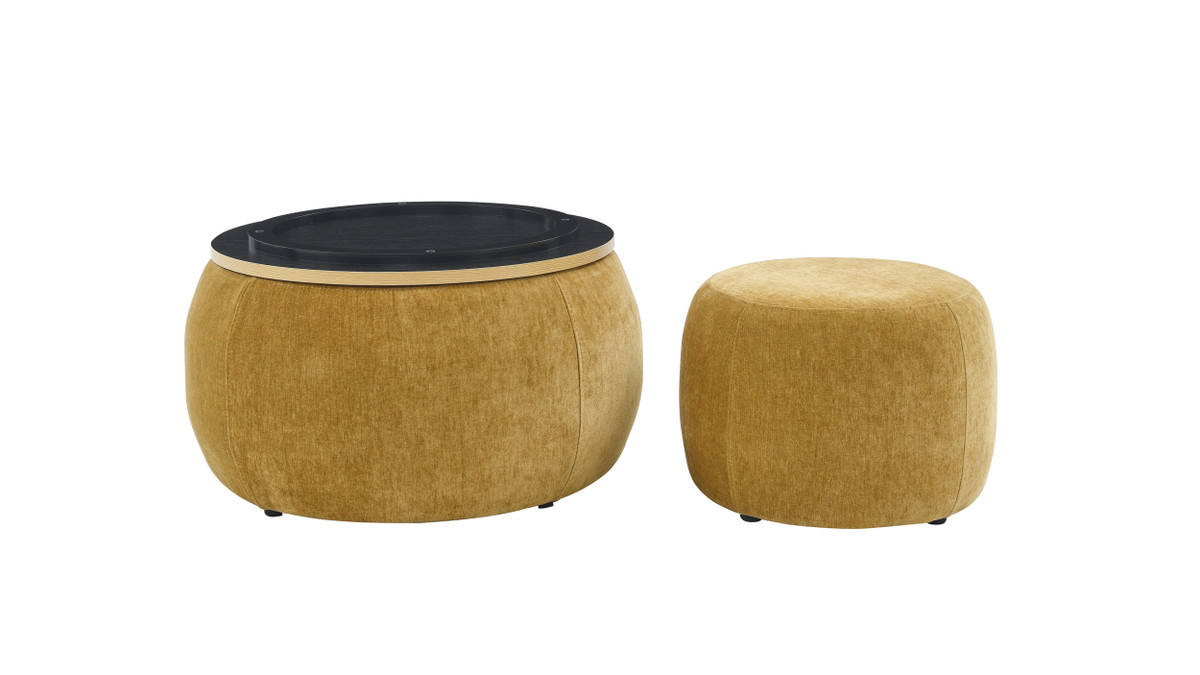 Jennifer Taylor Home Solenne 25" 2-Piece Round Storage Ottoman Set With Stool And Wood Tray Top Chenille Dark Yellow