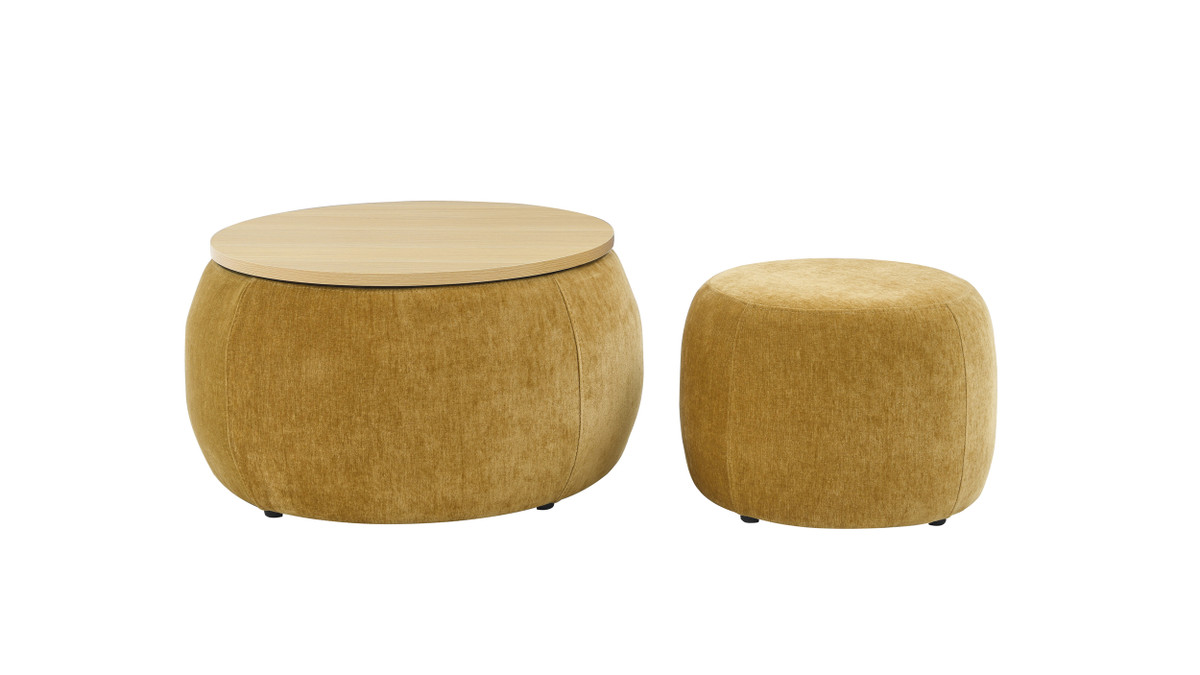 jennifer taylor home Solenne 25" 2-Piece Round Storage Ottoman Set with Stool and Wood Tray Top Chenille Dark Yellow