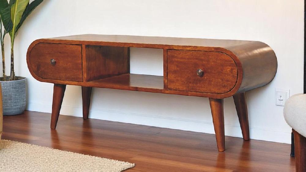 Jennifer Taylor Home Solvi 39.37" Rounded Solid Mango Wood Coffee Table With 2 Drawers Chestnut Finish