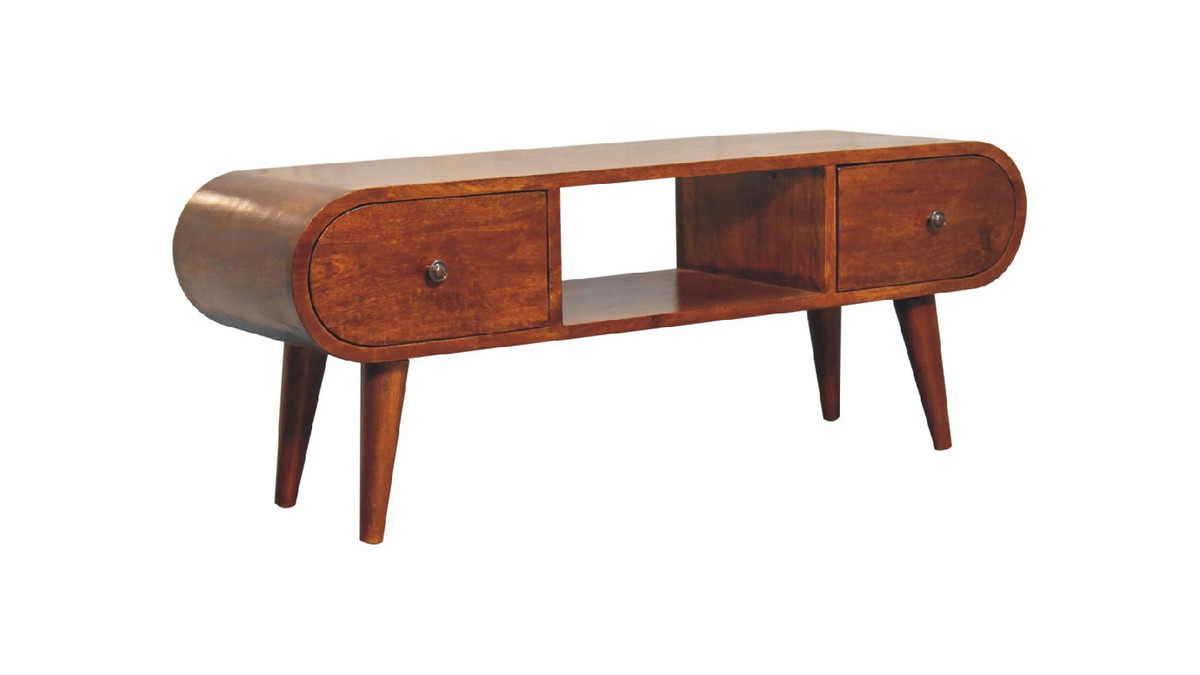 Jennifer Taylor Home Solvi 39.37" Rounded Solid Mango Wood Coffee Table With 2 Drawers Chestnut Finish