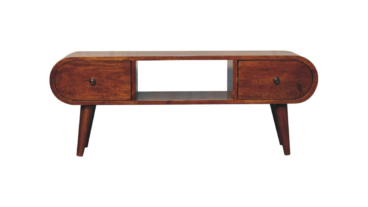 jennifer taylor home Solvi 39.37" Rounded Solid Mango Wood Coffee Table with 2 Drawers Chestnut Finish