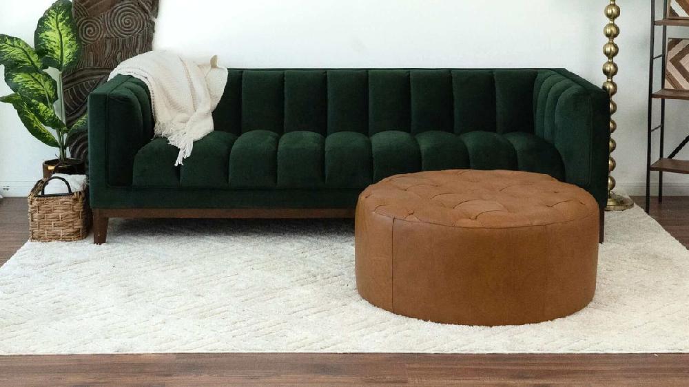Jennifer Taylor Home Sorelle 37.4" Genuine Leather Round Cocktail Ottoman With Button Tufting Light Tan