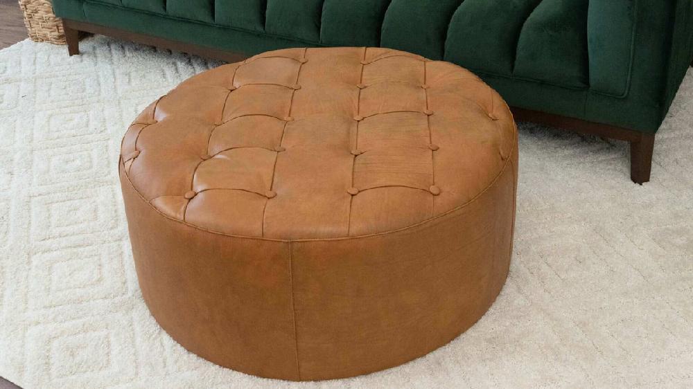 Jennifer Taylor Home Sorelle 37.4" Genuine Leather Round Cocktail Ottoman With Button Tufting Light Tan