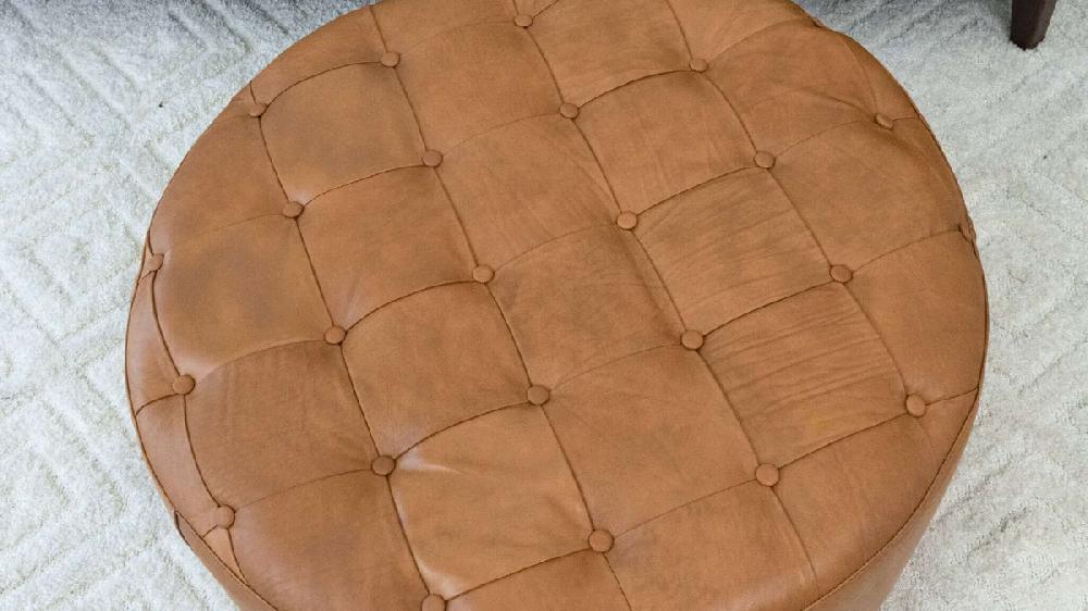 Jennifer Taylor Home Sorelle 37.4" Genuine Leather Round Cocktail Ottoman With Button Tufting Light Tan