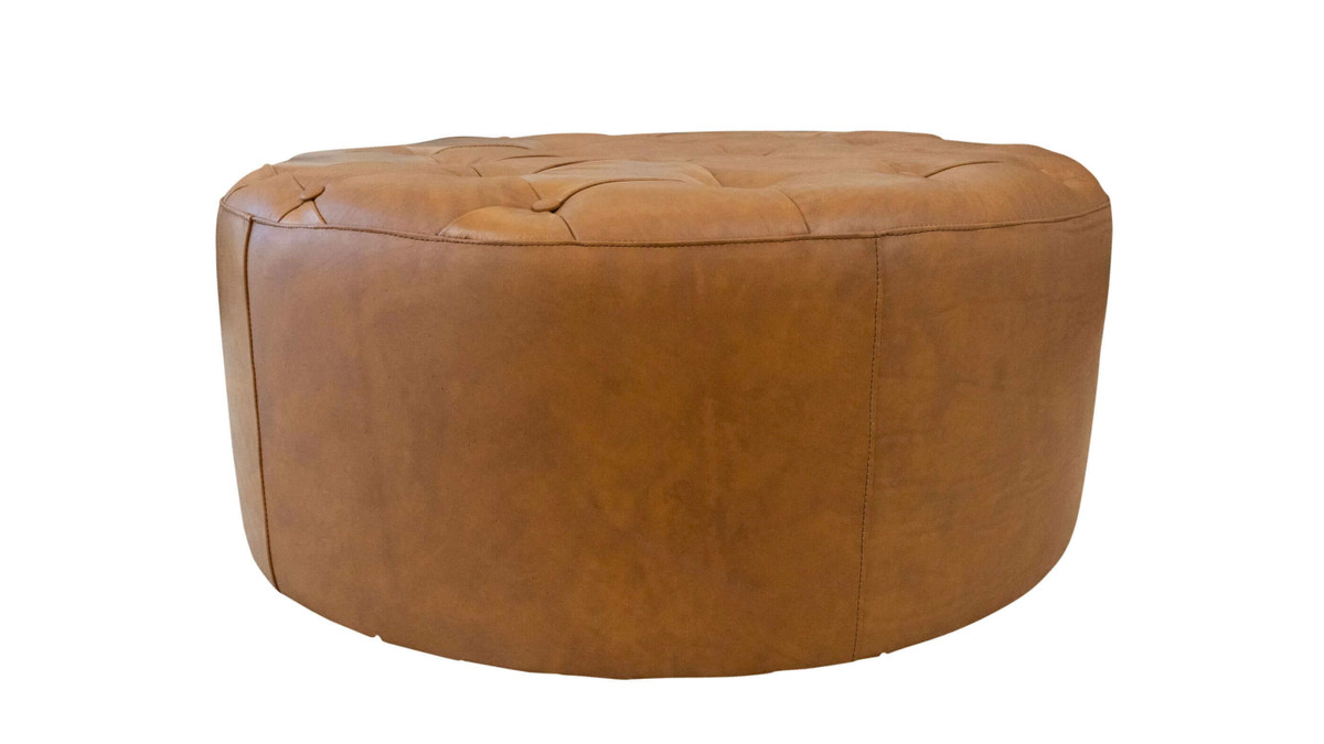 jennifer taylor home Sorelle 37.4" Genuine Leather Round Cocktail Ottoman with Button Tufting Light Tan