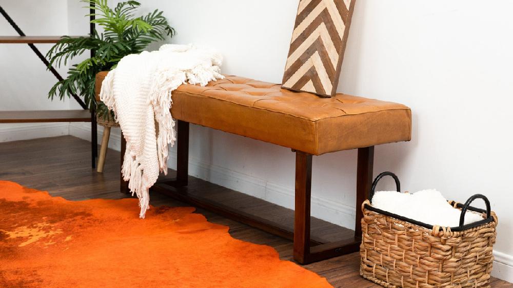 Jennifer Taylor Home Tanner 51" Genuine Leather & Eucalyptus Wood Tufted Bench