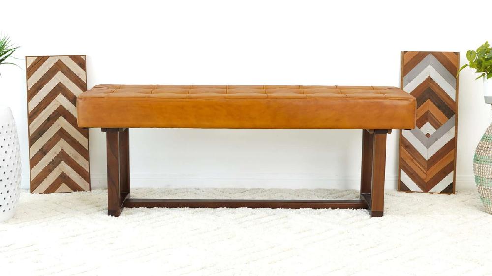 Jennifer Taylor Home Tanner 51" Genuine Leather & Eucalyptus Wood Tufted Bench