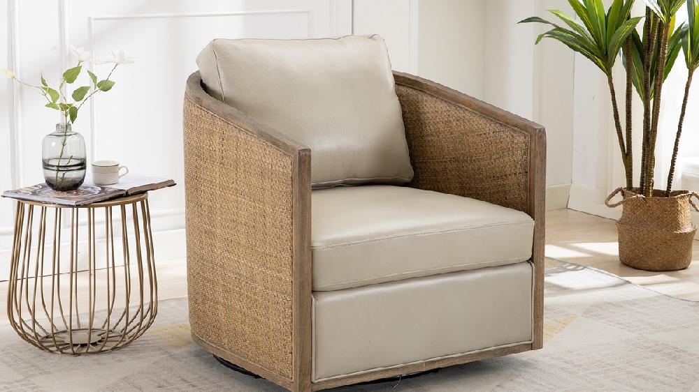 Jennifer Taylor Home Thayer 30.1" Swivel Barrel Chair With Rattan Back Oyster Gray Faux Leather