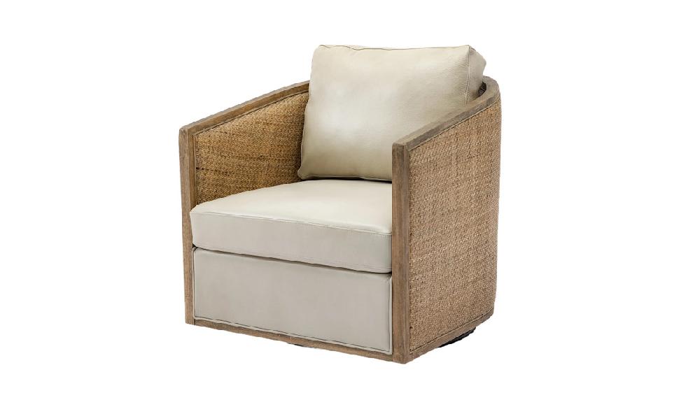 jennifer taylor home Thayer 30.1" Swivel Barrel Chair with Rattan Back Oyster Gray Faux Leather