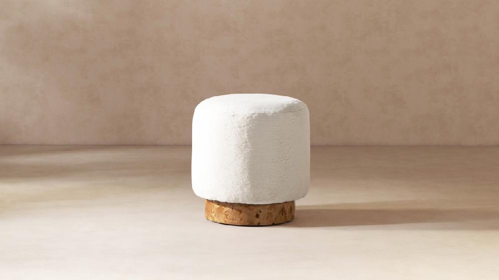 Jennifer Taylor Home Tilly 16.5" Round Fur Upholstered & Burl Pouf Ottoman Cottontail White