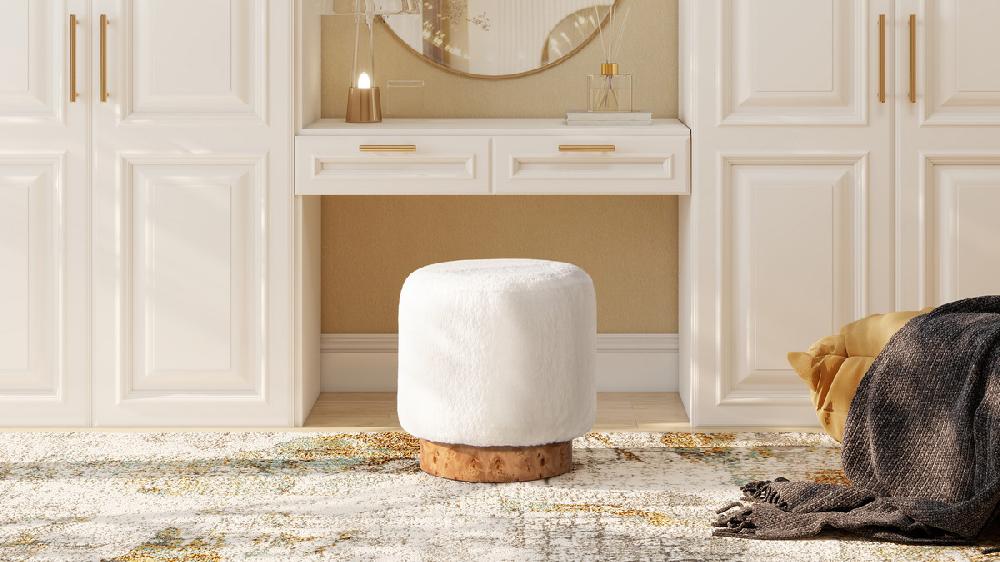 Jennifer Taylor Home Tilly 16.5" Round Fur Upholstered & Burl Pouf Ottoman Cottontail White