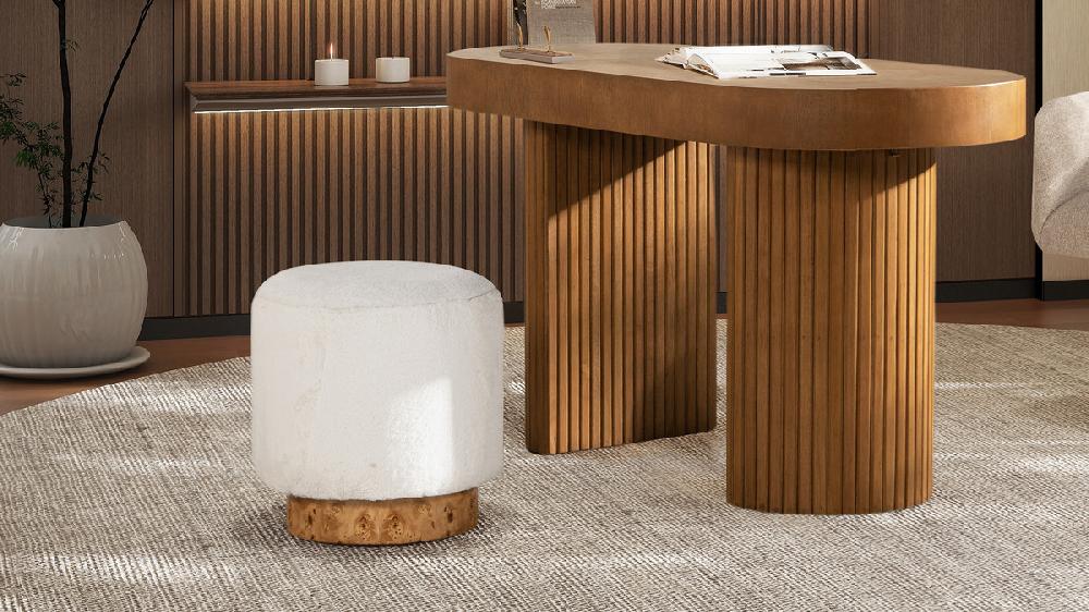 Jennifer Taylor Home Tilly 16.5" Round Fur Upholstered & Burl Pouf Ottoman Cottontail White