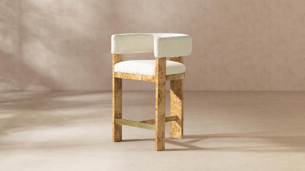 Jennifer Taylor Home Vavona 26.5" Burl Wood Upholstered Barrel Back Counter Height Bar Stool Polar Off-White