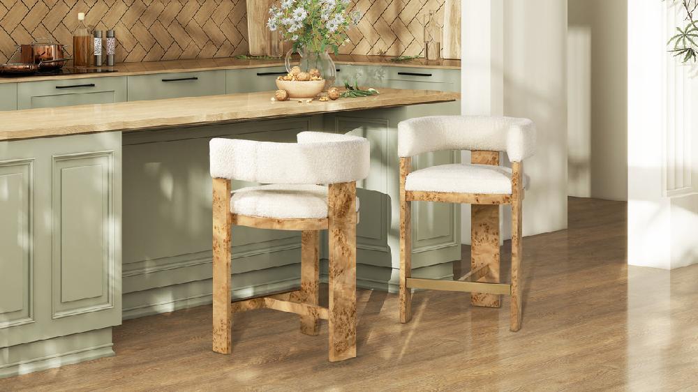 Jennifer Taylor Home Vavona 26.5" Burl Wood Upholstered Barrel Back Counter Height Bar Stool Polar Off-White