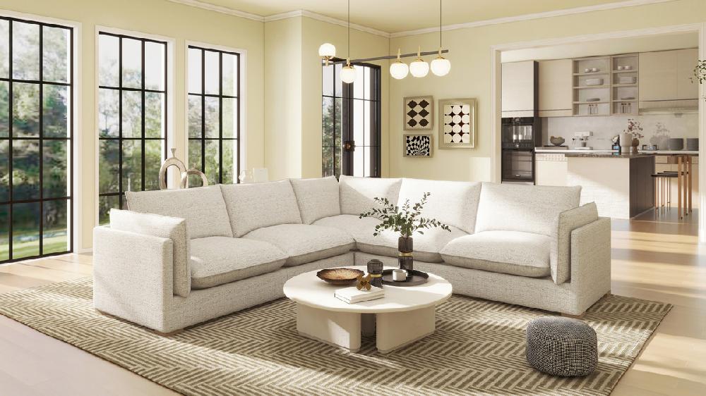 Jennifer Taylor Home Ventana 116" Modern Pillow Arm Feather/Memory Foam Fill 3-Piece Corner Sectional Sofa Wheat Cream Beige