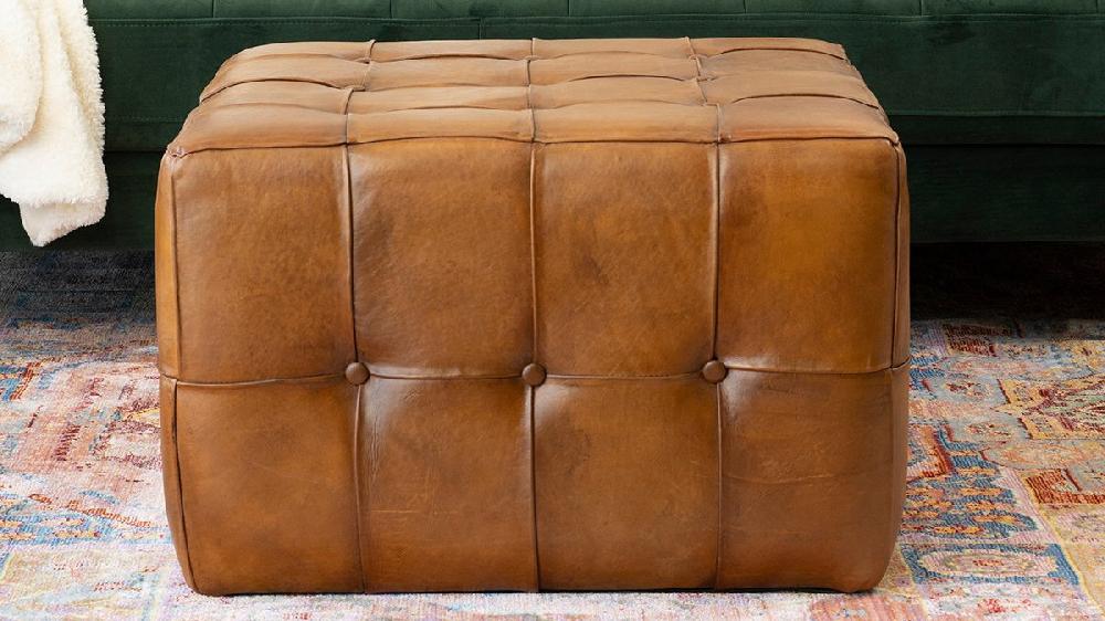 Jennifer Taylor Home Winslow 27.5" Tufted Cube Ottoman In Genuine Leather Saddle Brown