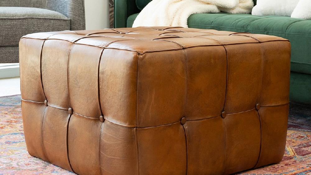 Jennifer Taylor Home Winslow 27.5" Tufted Cube Ottoman In Genuine Leather Saddle Brown