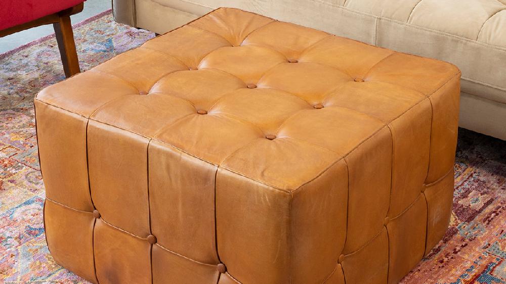 Jennifer Taylor Home Winslow 27.5" Tufted Cube Ottoman In Genuine Leather Saddle Brown