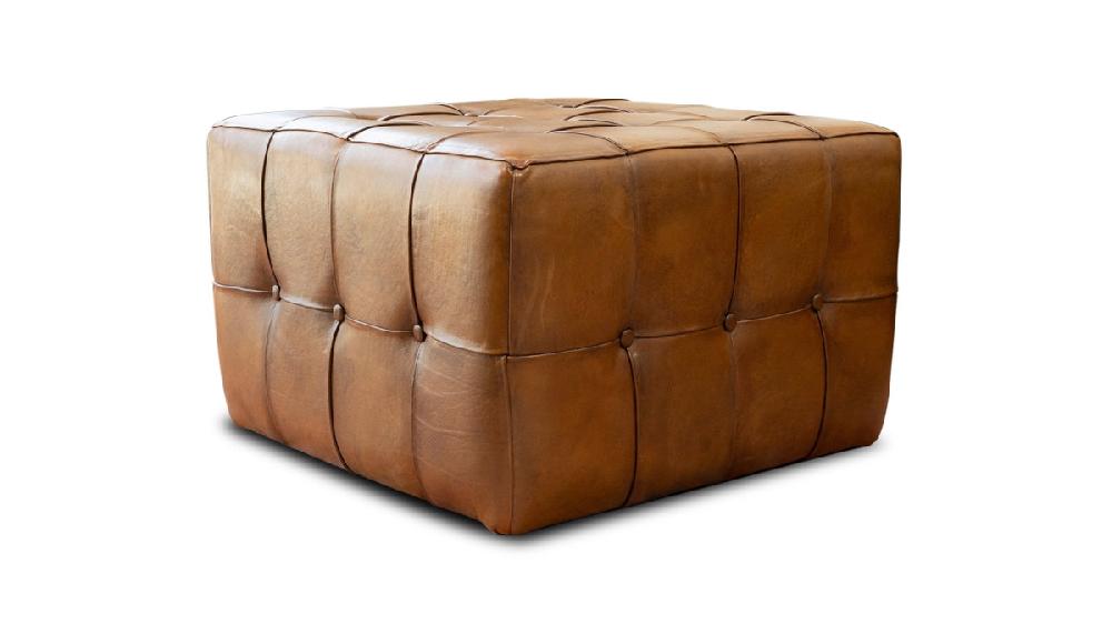 jennifer taylor home Winslow 27.5" Tufted Cube Ottoman in Genuine Leather Saddle Brown
