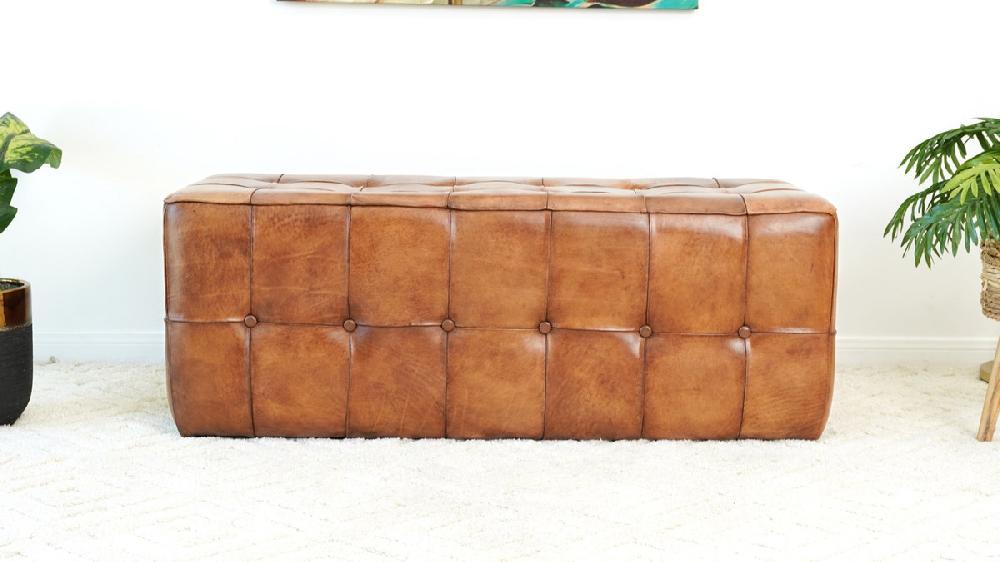 Jennifer Taylor Home Winslow 47" Genuine Leather Tufted Bench With Teak Wood Frame