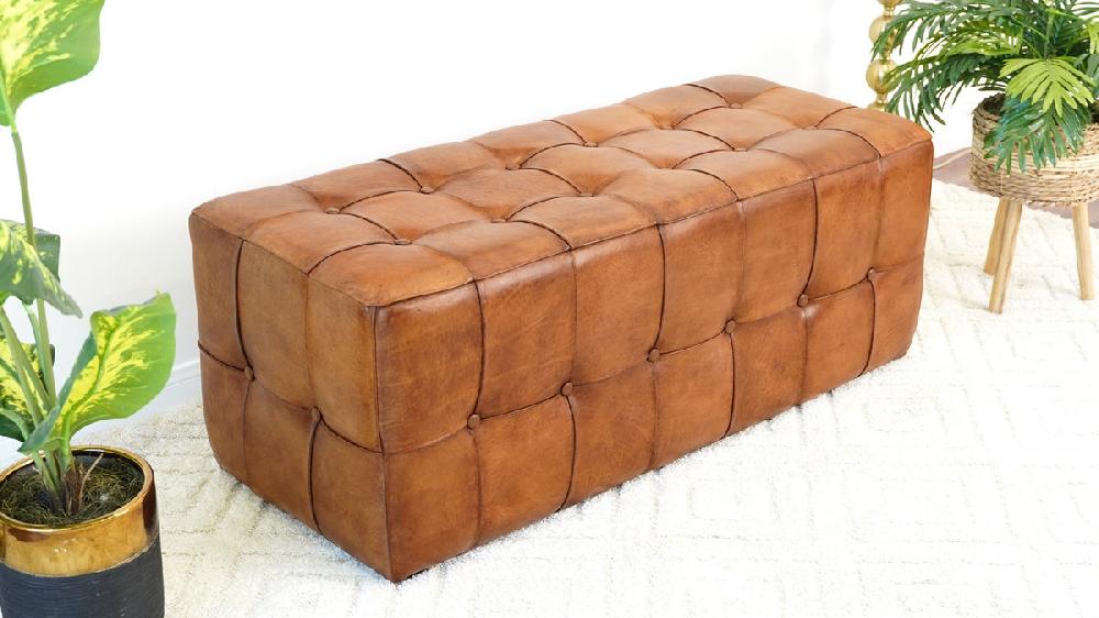 Jennifer Taylor Home Winslow 47" Genuine Leather Tufted Bench With Teak Wood Frame