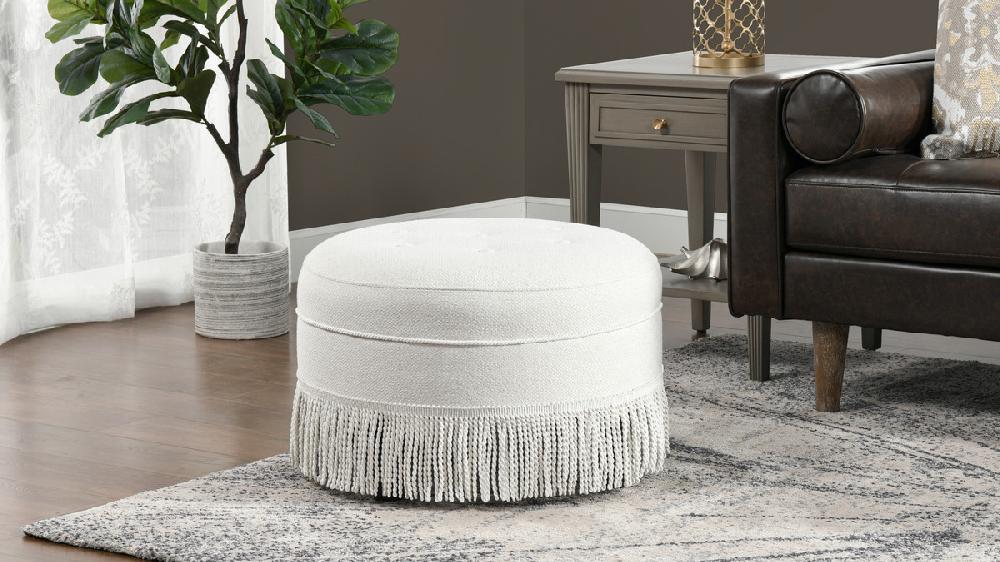Jennifer Taylor Home Yolanda Upholstered Round Accent Ottoman Alabaster Off White
