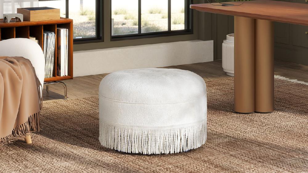 Jennifer Taylor Home Yolanda Upholstered Round Accent Ottoman Almond White