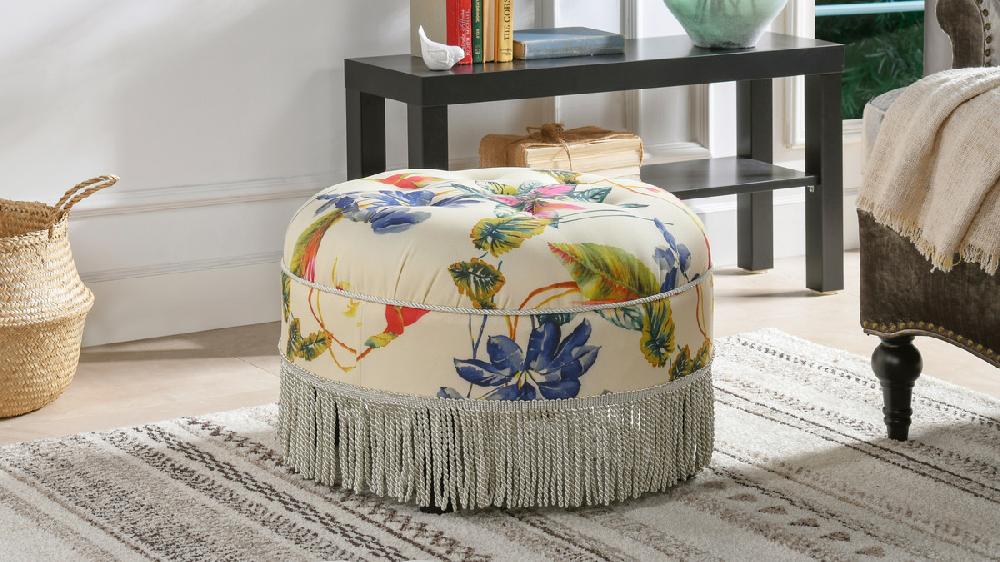 Jennifer Taylor Home Yolanda Upholstered Round Accent Ottoman Beige & Tropical Floral