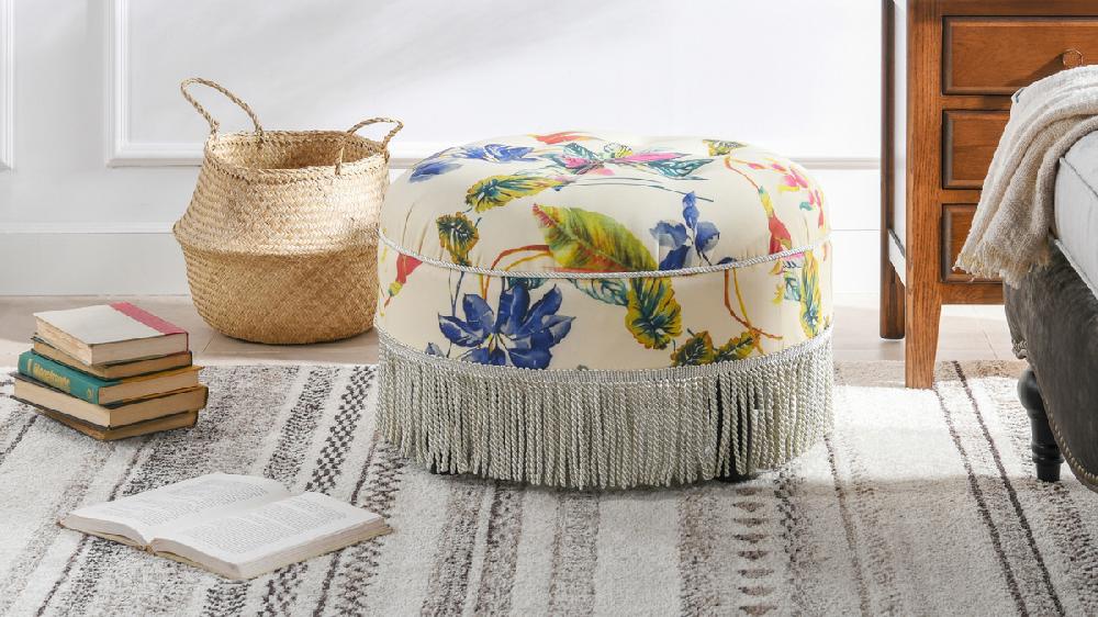 Jennifer Taylor Home Yolanda Upholstered Round Accent Ottoman Beige & Tropical Floral