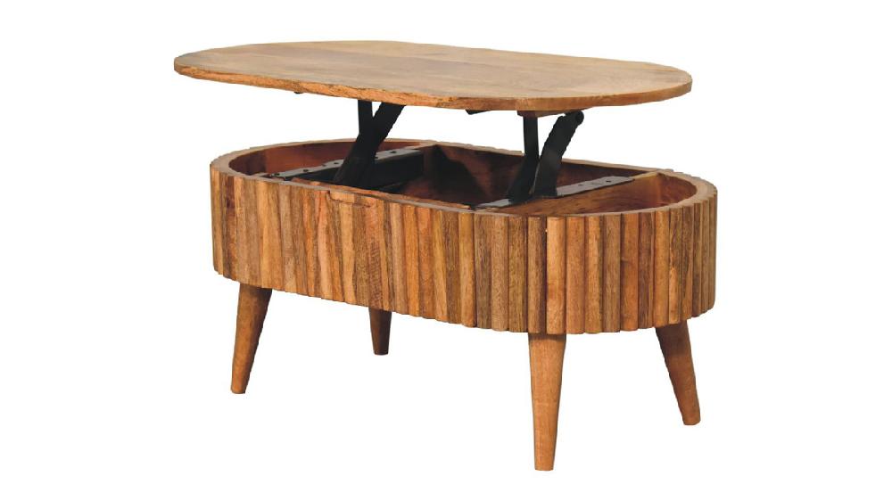 Jennifer Taylor Home Zevi 33.46" Solid Mango Wood Oval Coffee Table With Fluted Detailing And Lift-Top Storage