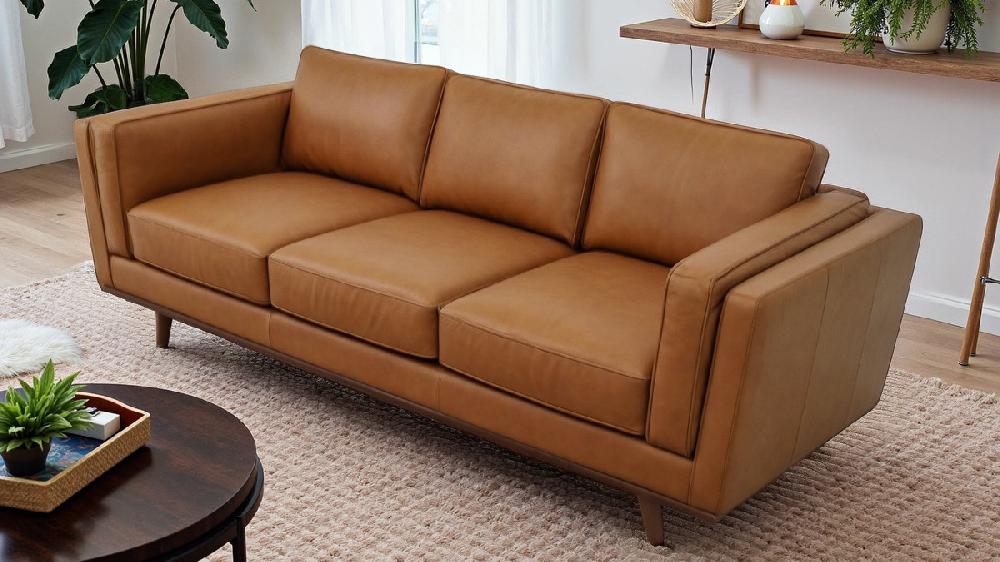 Jennifer Taylor Home Zevon 90.4" Genuine Leather Sofa With Track Arms And Tapered Wood Legs