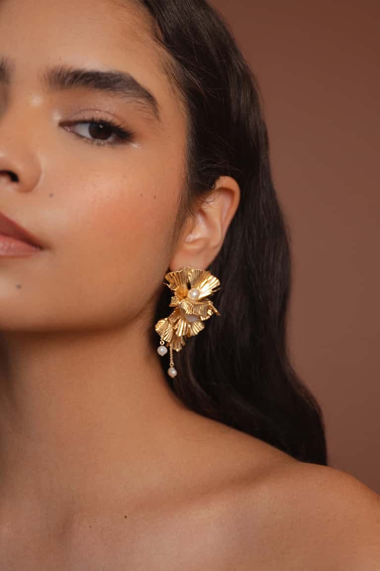 Jenny Yoo Lotus Floral Statement Earring Goldu002FIvory