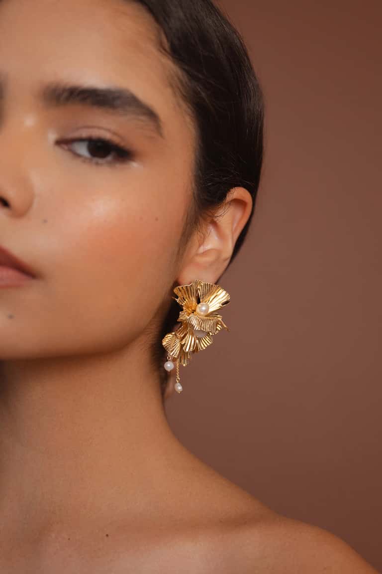 Jenny Yoo Lotus Floral Statement Earring Goldu002FIvory