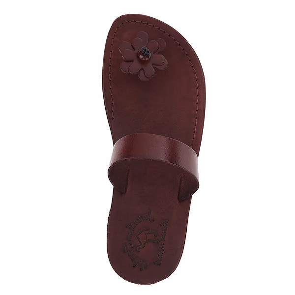 Jerusalem Sandals Esther (44) Women's Leather Flower Flip Flops Brown