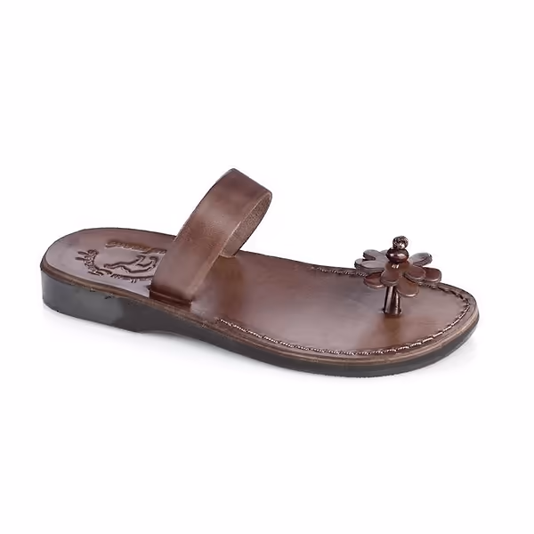 jerusalem sandals Esther (44) Women's Leather Flower Flip Flops Brown