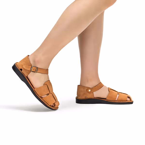 Jerusalem Sandals Gemma (47) Women's Leather Adjustable Strap Sandal Camel Brown Nubuck