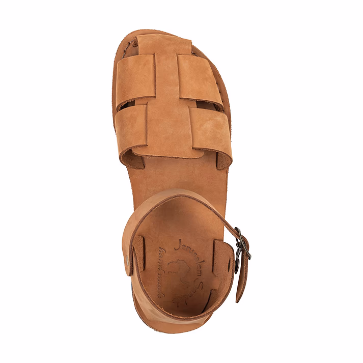 Jerusalem Sandals Gemma (47) Women's Leather Adjustable Strap Sandal Camel Brown Nubuck
