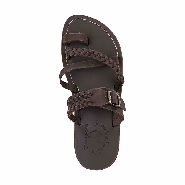 Jerusalem Sandals Sophia Buckle (32) Women's Leather Braided Slide Sandal Brown Nubuck