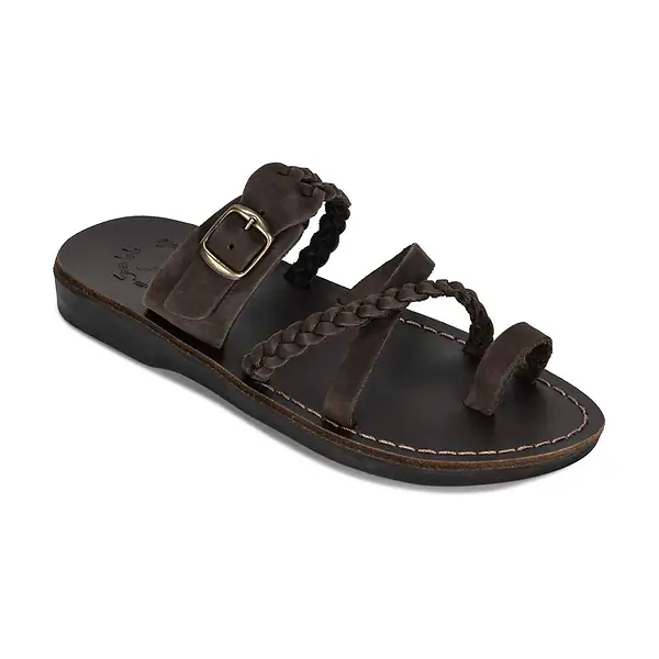jerusalem sandals Sophia Buckle (32) Women's Leather Braided Slide Sandal Brown Nubuck